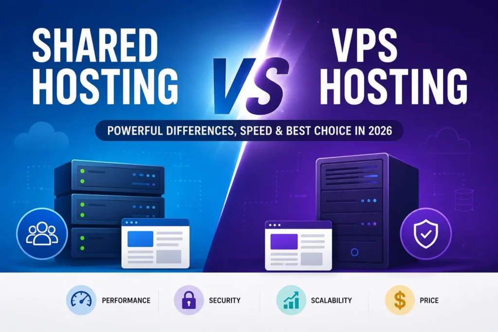 Shared Hosting vs VPS Hosting comparison banner showing performance, security, scalability and pricing differences