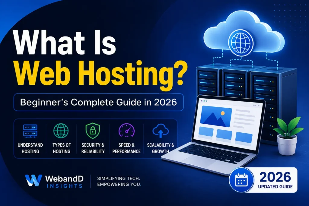 What Is Web Hosting beginner guide illustration showing cloud servers, laptop, hosting infrastructure, and website technology in 2026.